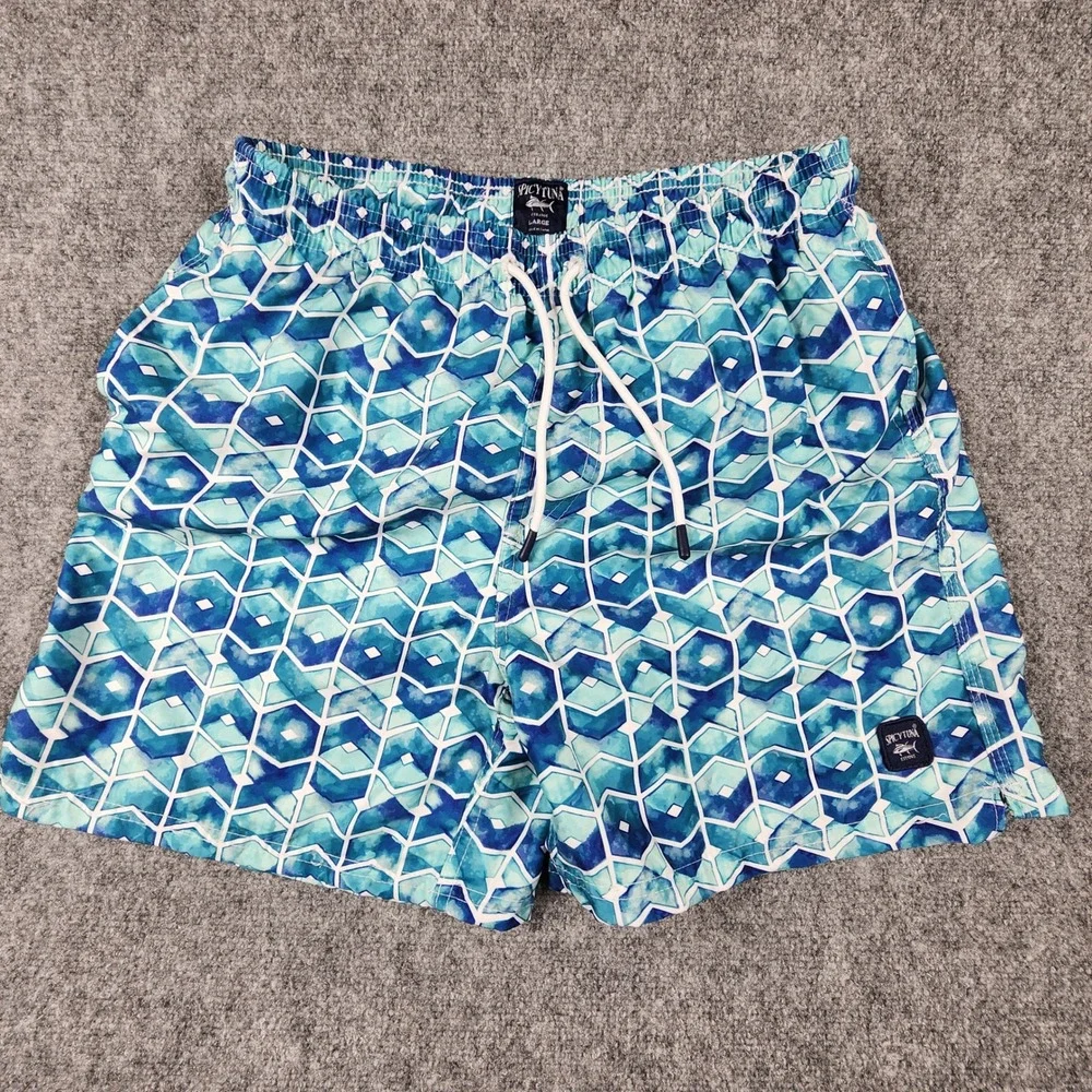 Spicy Tuna Mens Blue Geometric Honeycomb Swim Trunks Board Shorts Size Large